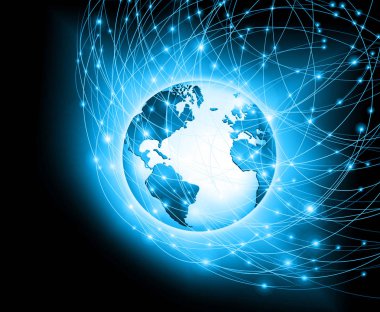 Global iş dünyasının en iyi internet kavramı. Küre, teknolojik arka planda parlayan çizgiler. Wi-Fi, ışınlar, semboller İnternet, 3 boyutlu illüstrasyon