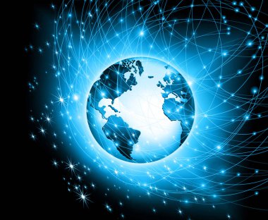 Global iş dünyasının en iyi internet kavramı. Küre, teknolojik arka planda parlayan çizgiler. Wi-Fi, ışınlar, semboller İnternet, 3 boyutlu illüstrasyon