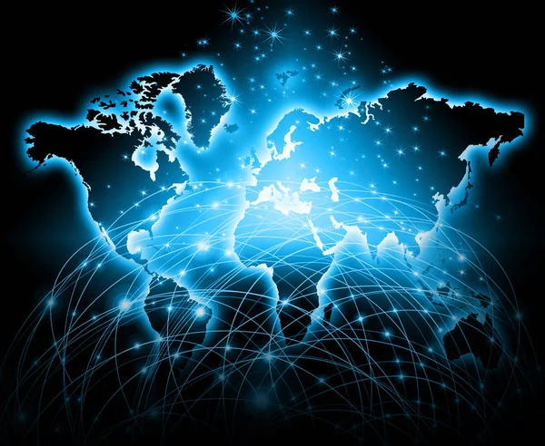 Weltkarte auf technologischem Hintergrund, leuchtende Linien Symbole des Internets, Radio, Fernsehen, Mobilfunk und Satellitenkommunikation. — Stockfoto