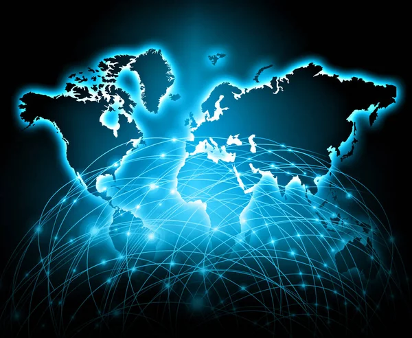 Kaart van de wereld op een technologische achtergrond, gloeiende lijnen symbolen van het Internet, radio, televisie, mobiele en apparatuur voor satellietgrondstations. — Stockfoto