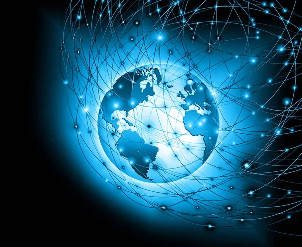 Miglior concetto Internet di business globale. Globe, linee luminose su sfondo tecnologico. Wi-Fi, raggi, simboli Internet, illustrazione 3D — Foto Stock