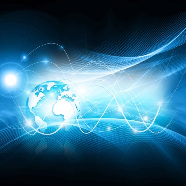 Global iş dünyasının en iyi internet kavramı. Küre, teknolojik arka planda parlayan çizgiler. Wi-Fi, ışınlar, semboller İnternet, 3 boyutlu illüstrasyon