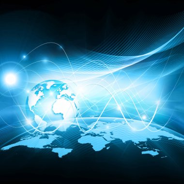 Global iş dünyasının en iyi internet kavramı. Küre, teknolojik arka planda parlayan çizgiler. Wi-Fi, ışınlar, semboller İnternet, 3 boyutlu illüstrasyon