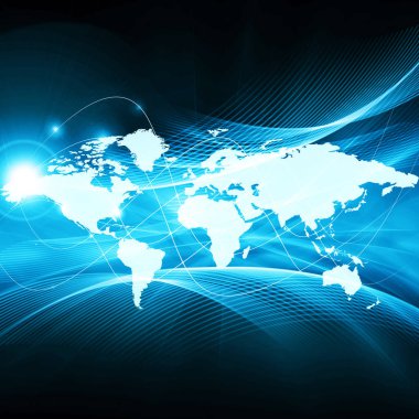 Dünya Haritası üzerinde teknolojik bir arka plan, parlak çizgiler semboller Internet, radyo, televizyon, telefon ve uydu iletişim.