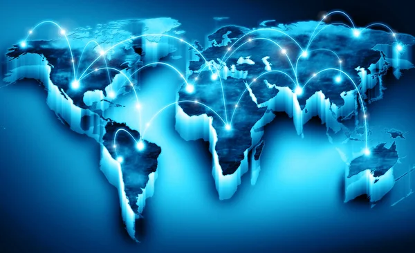 衛星通信、インターネット、ラジオ、テレビ、携帯電話の白熱の線記号技術背景上の世界地図. — ストック写真