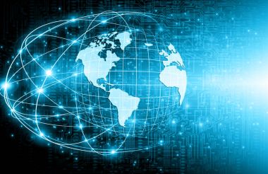 Global iş dünyasının en iyi internet kavramı. Küre, teknolojik arka planda parlayan çizgiler. Wi-Fi, ışınlar, semboller İnternet, 3 boyutlu illüstrasyon