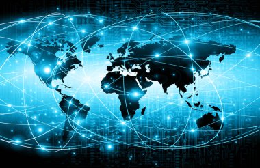 Dünya Haritası üzerinde teknolojik bir arka plan, parlak çizgiler semboller Internet, radyo, televizyon, telefon ve uydu iletişim.