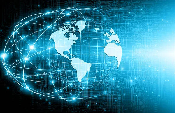 Global iş dünyasının en iyi internet kavramı. Küre, teknolojik arka planda parlayan çizgiler. Wi-Fi, ışınlar, semboller İnternet, 3 boyutlu illüstrasyon — Stok fotoğraf