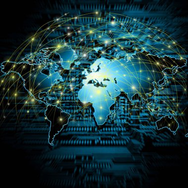 Dünya Haritası üzerinde teknolojik bir arka plan, parlak çizgiler semboller Internet, radyo, televizyon, telefon ve uydu iletişim.