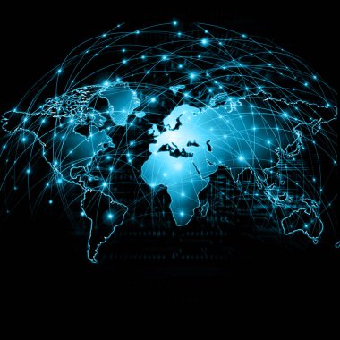 Dünya Haritası üzerinde teknolojik bir arka plan, parlak çizgiler semboller Internet, radyo, televizyon, telefon ve uydu iletişim.