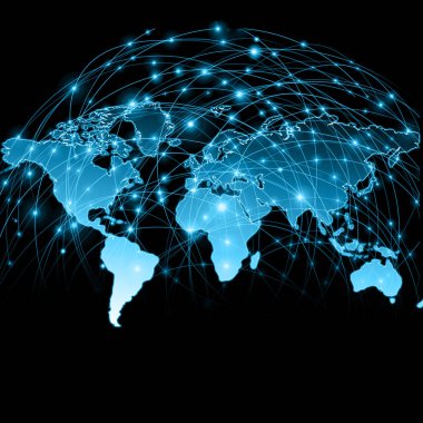 Dünya Haritası üzerinde teknolojik bir arka plan, parlak çizgiler semboller Internet, radyo, televizyon, telefon ve uydu iletişim.