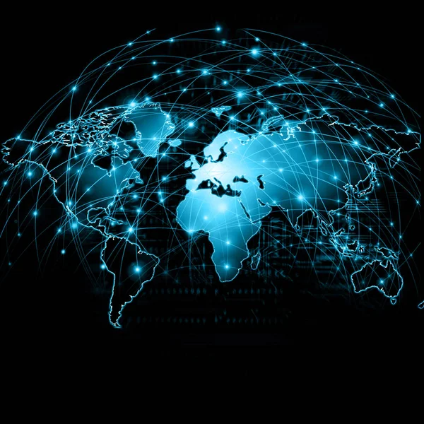 Dünya Haritası üzerinde teknolojik bir arka plan, parlak çizgiler semboller Internet, radyo, televizyon, telefon ve uydu iletişim.