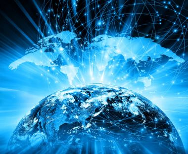 Dünyadan Uzaya. Kavram serisinden küresel iş dünyasının en iyi internet kavramı. Bu görüntünün elementleri NASA tarafından döşenmiştir. 3B illüstrasyon