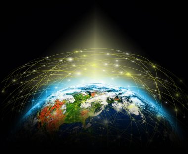 Dünyadan Uzaya. Kavram serisinden küresel iş dünyasının en iyi internet kavramı. Bu görüntünün elementleri NASA tarafından döşenmiştir. 3B illüstrasyon