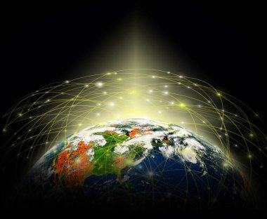 Dünyadan Uzaya. Kavram serisinden küresel iş dünyasının en iyi internet kavramı. Bu görüntünün elementleri NASA tarafından döşenmiştir. 3B illüstrasyon