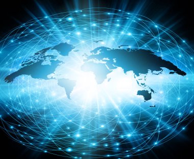 Dünya Haritası üzerinde teknolojik bir arka plan, parlak çizgiler semboller Internet, radyo, televizyon, telefon ve uydu iletişim.