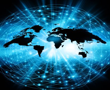 Dünya Haritası üzerinde teknolojik bir arka plan, parlak çizgiler semboller Internet, radyo, televizyon, telefon ve uydu iletişim.