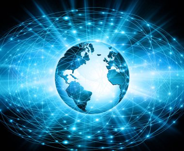 Global iş dünyasının en iyi internet kavramı. Küre, teknolojik arka planda parlayan çizgiler. Wi-Fi, ışınlar, semboller İnternet, 3 boyutlu illüstrasyon