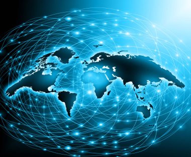 Dünya Haritası üzerinde teknolojik bir arka plan, parlak çizgiler semboller Internet, radyo, televizyon, telefon ve uydu iletişim.