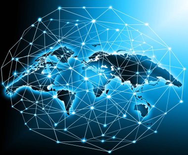 Dünya Haritası üzerinde teknolojik bir arka plan, parlak çizgiler semboller Internet, radyo, televizyon, telefon ve uydu iletişim.