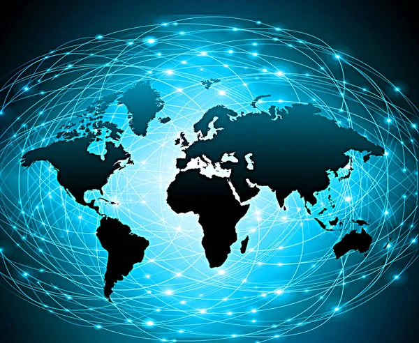 Mapa do mundo sobre um fundo tecnológico, linhas brilhantes símbolos da Internet, rádio, televisão, comunicações móveis e por satélite . — Fotografia de Stock