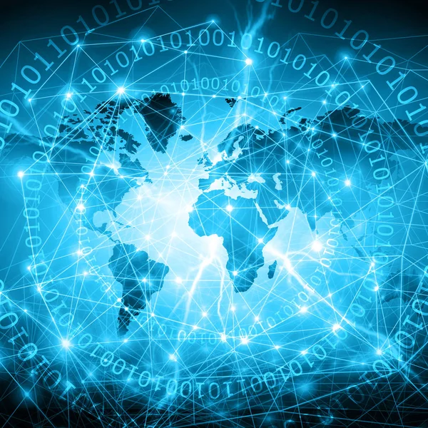 Mapa del mundo sobre un fondo tecnológico, líneas luminosas símbolos de Internet, radio, televisión, comunicaciones móviles y por satélite . — Foto de Stock