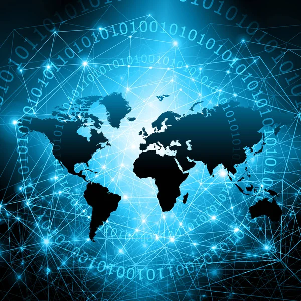 Mapa do mundo sobre um fundo tecnológico, linhas brilhantes símbolos da Internet, rádio, televisão, comunicações móveis e por satélite . — Fotografia de Stock