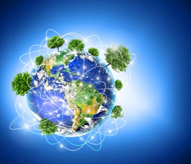 Dünyadan Uzaya. Kavram serisinden küresel iş dünyasının en iyi internet kavramı. Bu görüntünün elementleri NASA tarafından döşenmiştir. 3B illüstrasyon