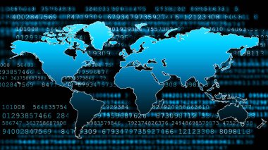 Dünya Haritası üzerinde teknolojik bir arka plan, parlak çizgiler semboller Internet, radyo, televizyon, telefon ve uydu iletişim.