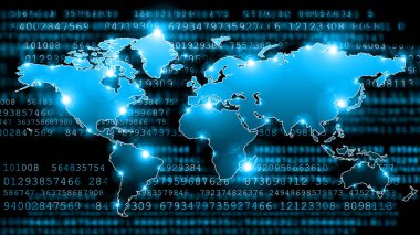 Dünya Haritası üzerinde teknolojik bir arka plan, parlak çizgiler semboller Internet, radyo, televizyon, telefon ve uydu iletişim.