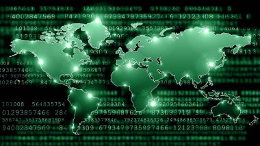 Dünya Haritası üzerinde teknolojik bir arka plan, parlak çizgiler semboller Internet, radyo, televizyon, telefon ve uydu iletişim.