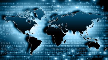 Dünya Haritası üzerinde teknolojik bir arka plan, parlak çizgiler semboller Internet, radyo, televizyon, telefon ve uydu iletişim.