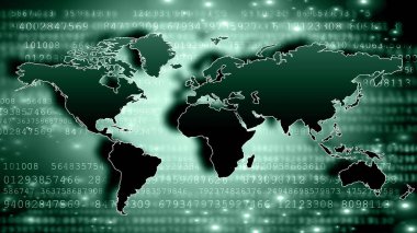 Dünya Haritası üzerinde teknolojik bir arka plan, parlak çizgiler semboller Internet, radyo, televizyon, telefon ve uydu iletişim.