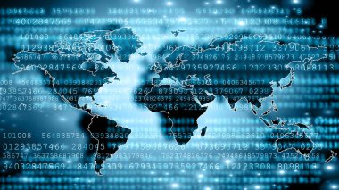 Dünya Haritası üzerinde teknolojik bir arka plan, parlak çizgiler semboller Internet, radyo, televizyon, telefon ve uydu iletişim.