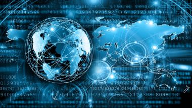 Global iş dünyasının en iyi internet kavramı. Küre, teknolojik arka planda parlayan çizgiler. Wi-Fi, ışınlar, semboller İnternet, 3 boyutlu illüstrasyon