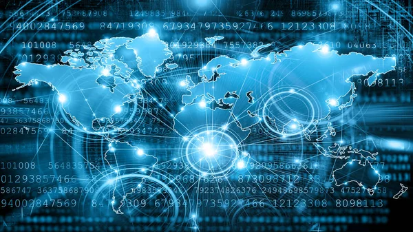 Mapa del mundo sobre un fondo tecnológico, líneas luminosas símbolos de Internet, radio, televisión, comunicaciones móviles y por satélite . — Foto de Stock