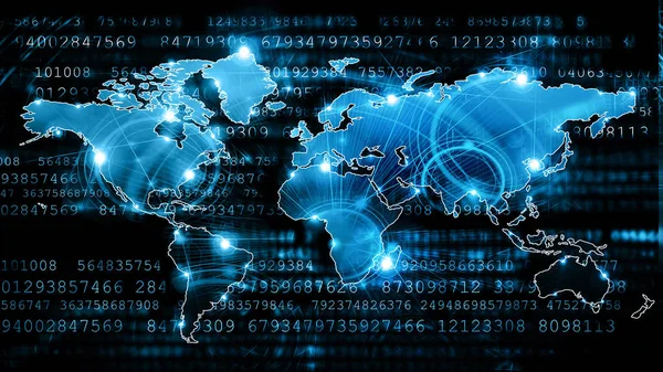 World map on a technological background, glowing lines symbols of the Internet, radio, television, mobile and satellite communications. — Stock Photo, Image