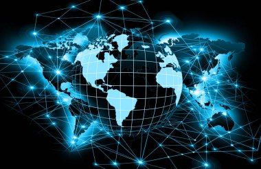 Global iş dünyasının en iyi internet kavramı. Küre, teknolojik arka planda parlayan çizgiler. Wi-Fi, ışınlar, semboller İnternet, 3 boyutlu illüstrasyon