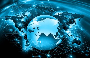 Global iş dünyasının en iyi internet kavramı. Küre, teknolojik arka planda parlayan çizgiler. Wi-Fi, ışınlar, semboller İnternet, 3 boyutlu illüstrasyon