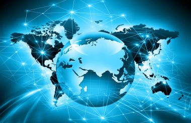 Global iş dünyasının en iyi internet kavramı. Küre, teknolojik arka planda parlayan çizgiler. Wi-Fi, ışınlar, semboller İnternet, 3 boyutlu illüstrasyon