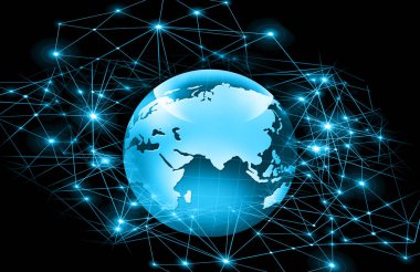 Global iş dünyasının en iyi internet kavramı. Küre, teknolojik arka planda parlayan çizgiler. Wi-Fi, ışınlar, semboller İnternet, 3 boyutlu illüstrasyon
