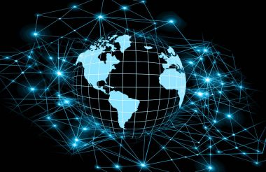 Global iş dünyasının en iyi internet kavramı. Küre, teknolojik arka planda parlayan çizgiler. Wi-Fi, ışınlar, semboller İnternet, 3 boyutlu illüstrasyon