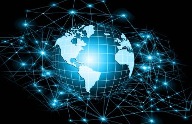 Global iş dünyasının en iyi internet kavramı. Küre, teknolojik arka planda parlayan çizgiler. Wi-Fi, ışınlar, semboller İnternet, 3 boyutlu illüstrasyon