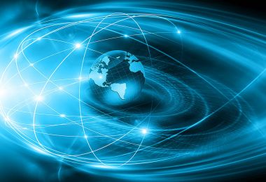 Global iş dünyasının en iyi internet kavramı. Küre, teknolojik arka planda parlayan çizgiler. Wi-Fi, ışınlar, semboller İnternet, 3 boyutlu illüstrasyon