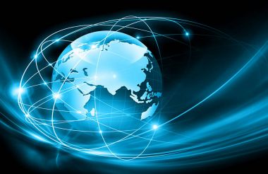 Global iş dünyasının en iyi internet kavramı. Küre, teknolojik arka planda parlayan çizgiler. Wi-Fi, ışınlar, semboller İnternet, 3 boyutlu illüstrasyon