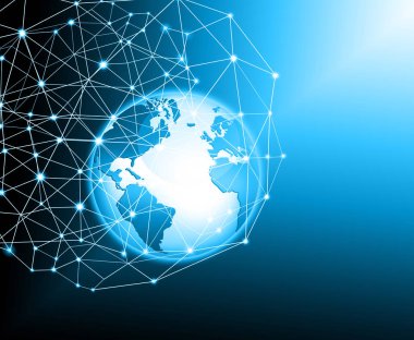 Global iş dünyasının en iyi internet kavramı. Küre, teknolojik arka planda parlayan çizgiler. Wi-Fi, ışınlar, semboller İnternet, 3 boyutlu illüstrasyon