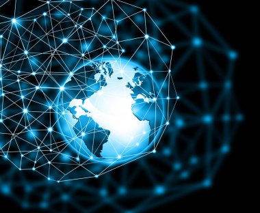 Global iş dünyasının en iyi internet kavramı. Küre, teknolojik arka planda parlayan çizgiler. Wi-Fi, ışınlar, semboller İnternet, 3 boyutlu illüstrasyon