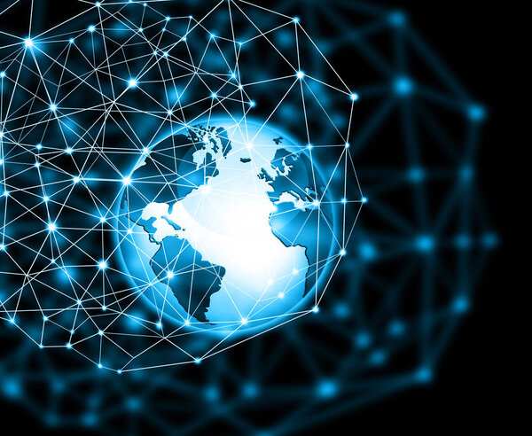 Лучший интернет-проект глобального бизнеса. Глобус, светящиеся линии на технологическом фоне. Wi-Fi, лучи, символы Интернет, 3D иллюстрация
