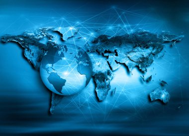 Dünya harita üzerinde teknolojik bir arka plan. En iyi Internet kavramı küresel iş. Nasa tarafından döşenmiş bu görüntü unsurları