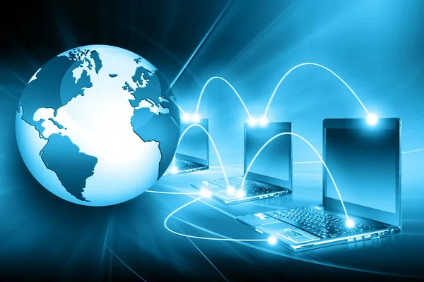 Bästa Internet begreppet global affärsverksamhet. Globe, laptop på teknisk bakgrund. Wi-Fi, symboler Internet, strålar, elektronik, TV-kommunikation — Stockfoto